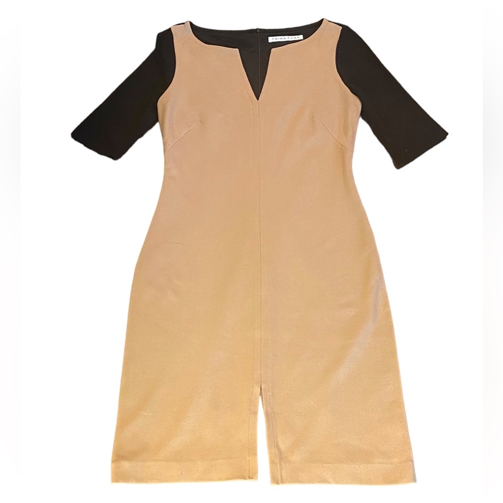 Trina Turk black and camel  jersey color block sheath dress see measurem…